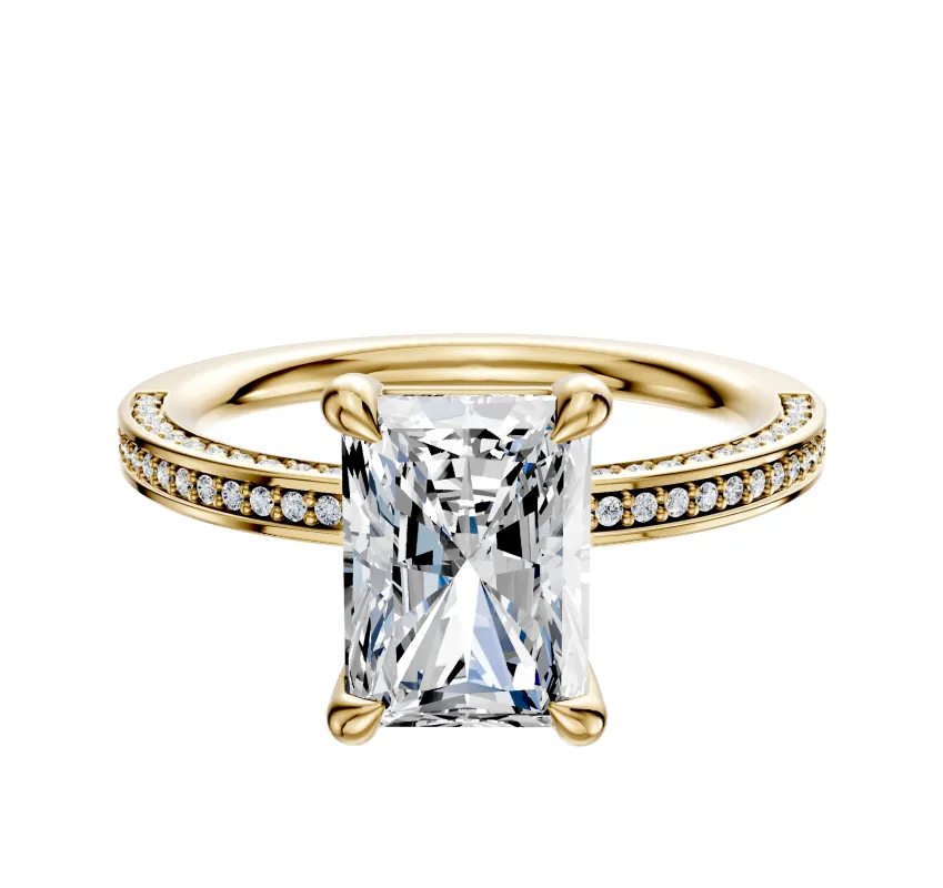 18K Yellow Gold 4 Prong Basket Classic Flat 3-Row-Pave 2.0mm Engagement Ring sold by Promise By Effy
