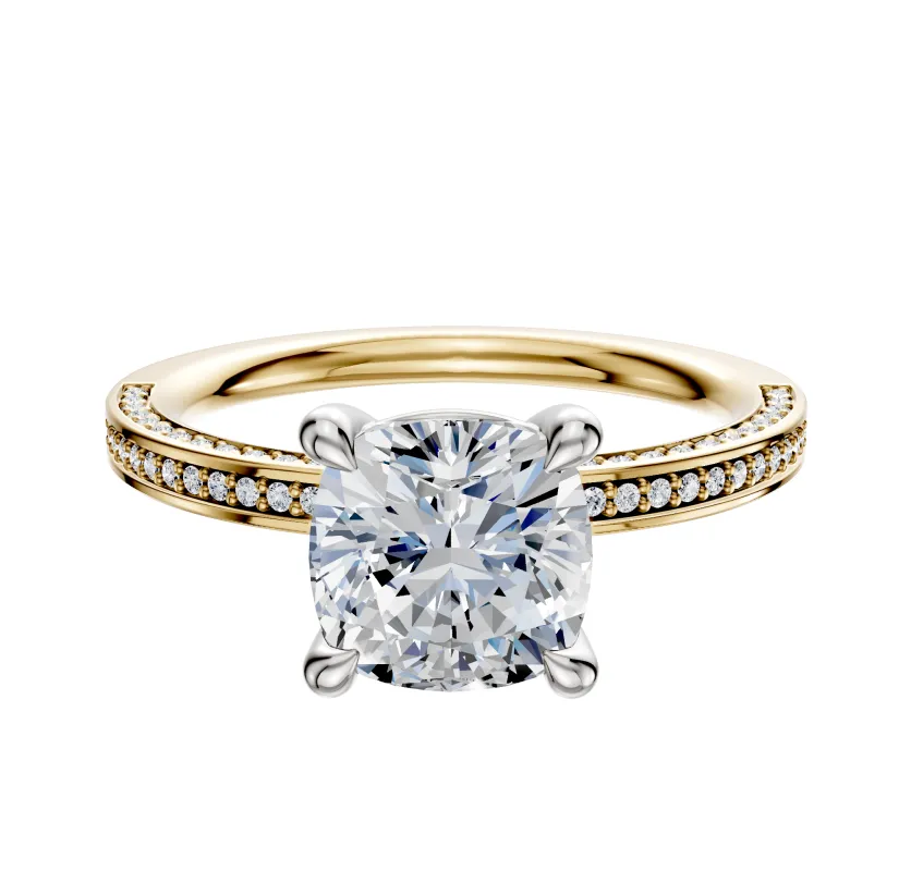 18K Two Tone 4 Prong Basket Classic Flat 3-Row-Pave 2.0mm Engagement Ring sold by Promise By Effy