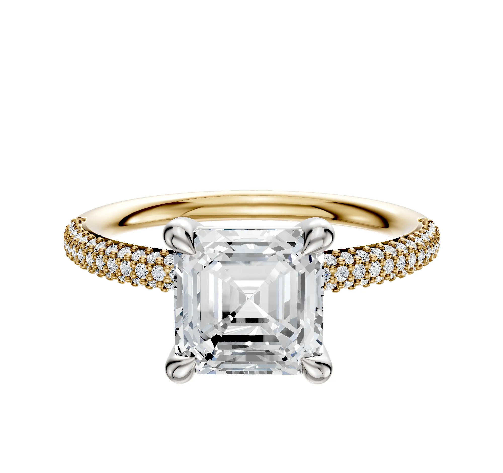 18K Two Tone 4 Prong Basket Classic Dome 3-Row-Pave 2.0mm Engagement Ring sold by Promise By Effy