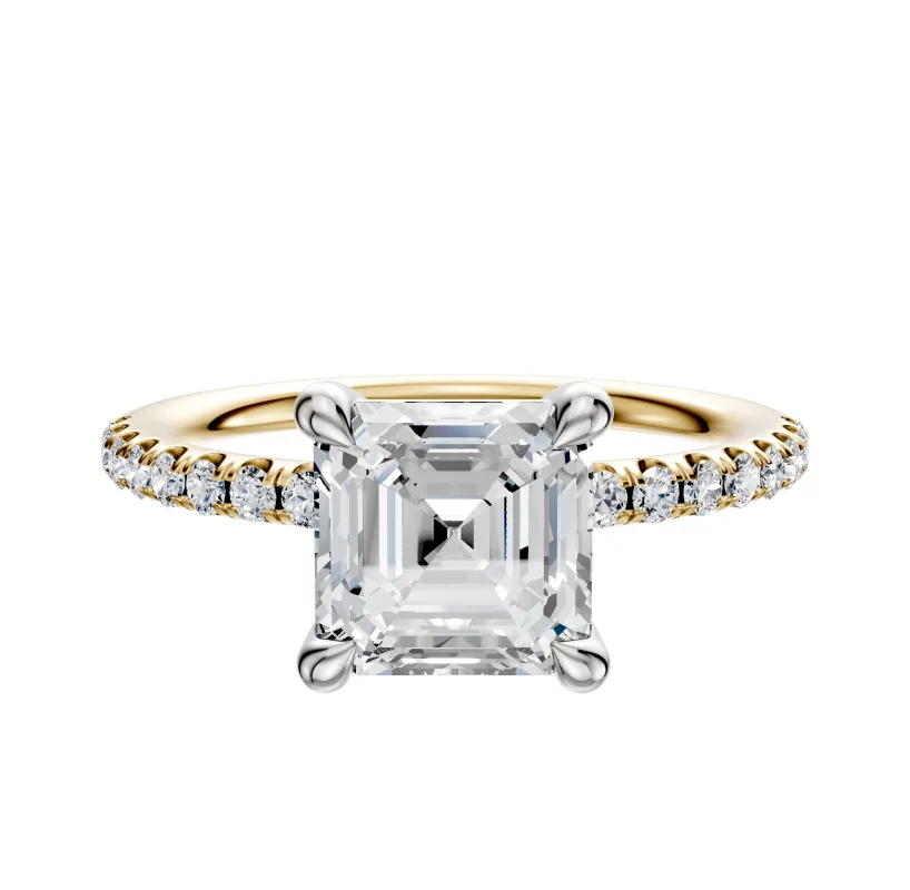 18K Two Tone 4 Prong Basket Classic Dome 1-Row-Pave 2.5mm Engagement Ring sold by Promise By Effy