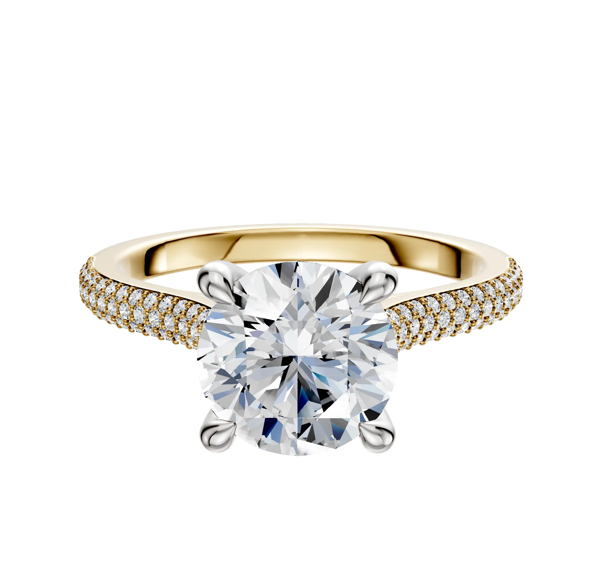 14K Two Tone 4 Prong Hidden Halo Cathedral Dome 3-Row-Pave 2.0mm Engagement Ring sold by Promise By Effy