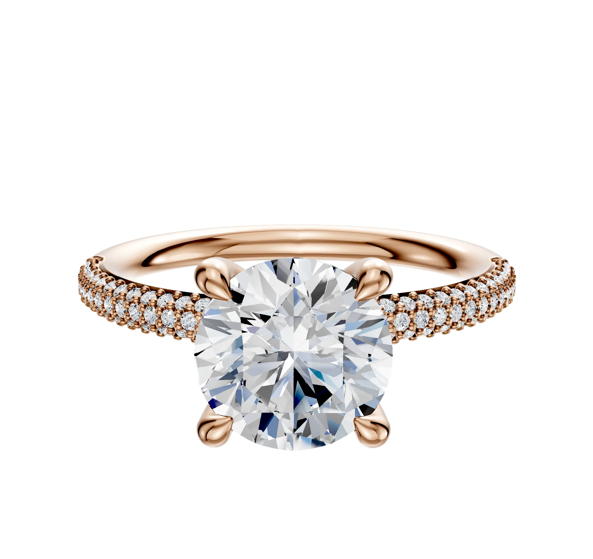 14K Rose Gold 4 Prong Hidden Halo Classic Dome 3-Row-Pave 2.0mm Engagement Ring sold by Promise By Effy