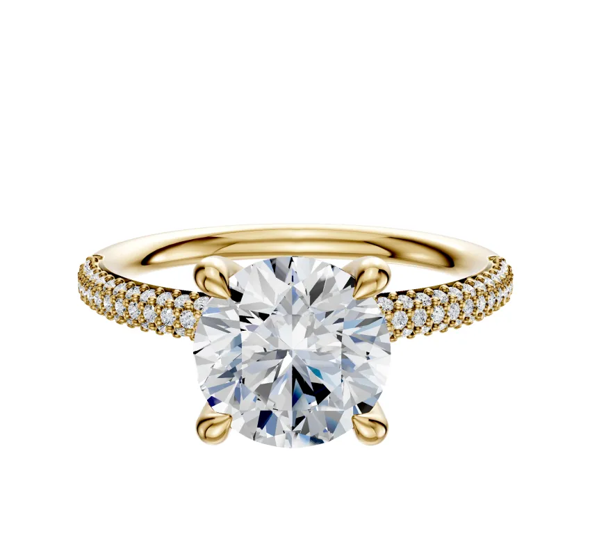 14K Yellow Gold 4 Prong Hidden Halo Classic Dome 3-Row-Pave 2.0mm Engagement Ring sold by Promise By Effy