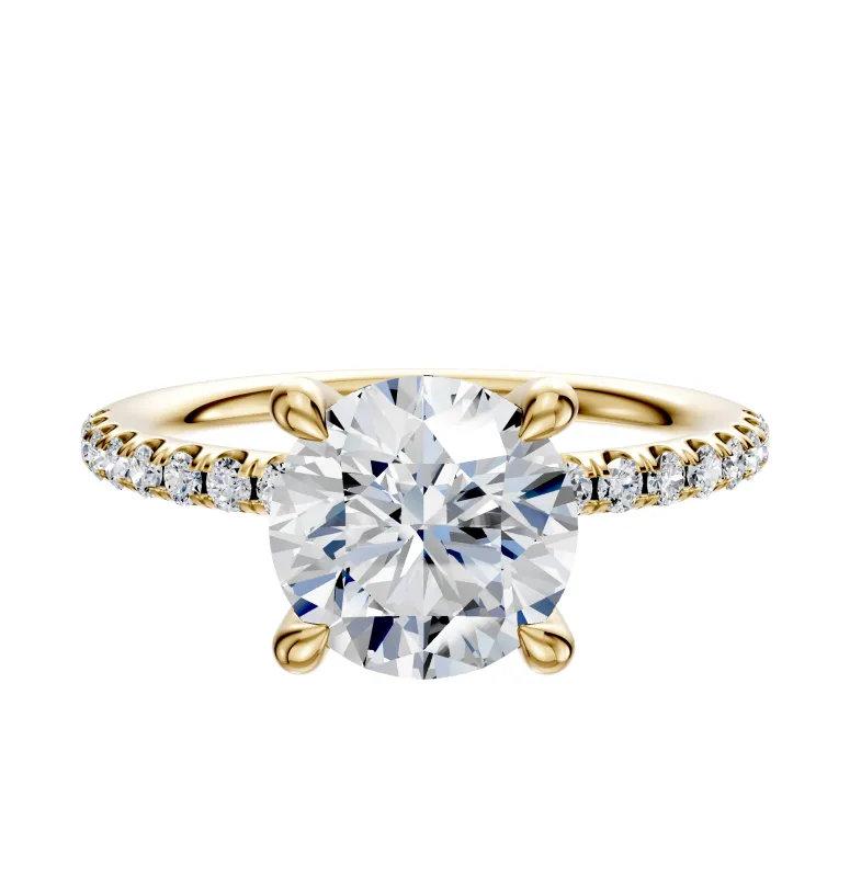 14K Yellow Gold 4 Prong Hidden Halo Classic Dome 1-Row-Pave 2.5mm Engagement Ring sold by Promise By Effy