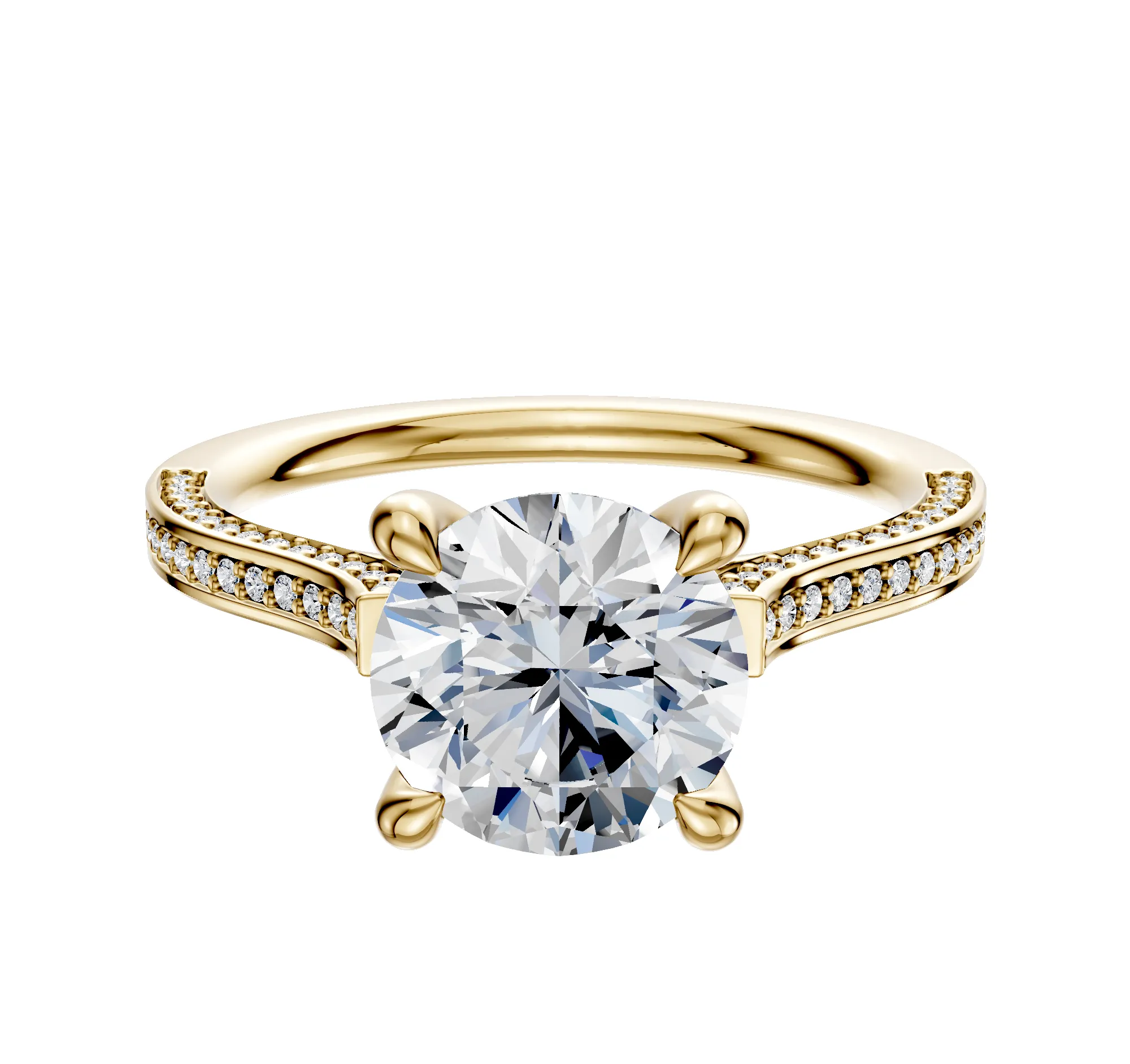 14K Yellow Gold 4 Prong Hidden Halo Cathedral Flat 3-Row-Pave 2.0mm Engagement Ring sold by Promise By Effy