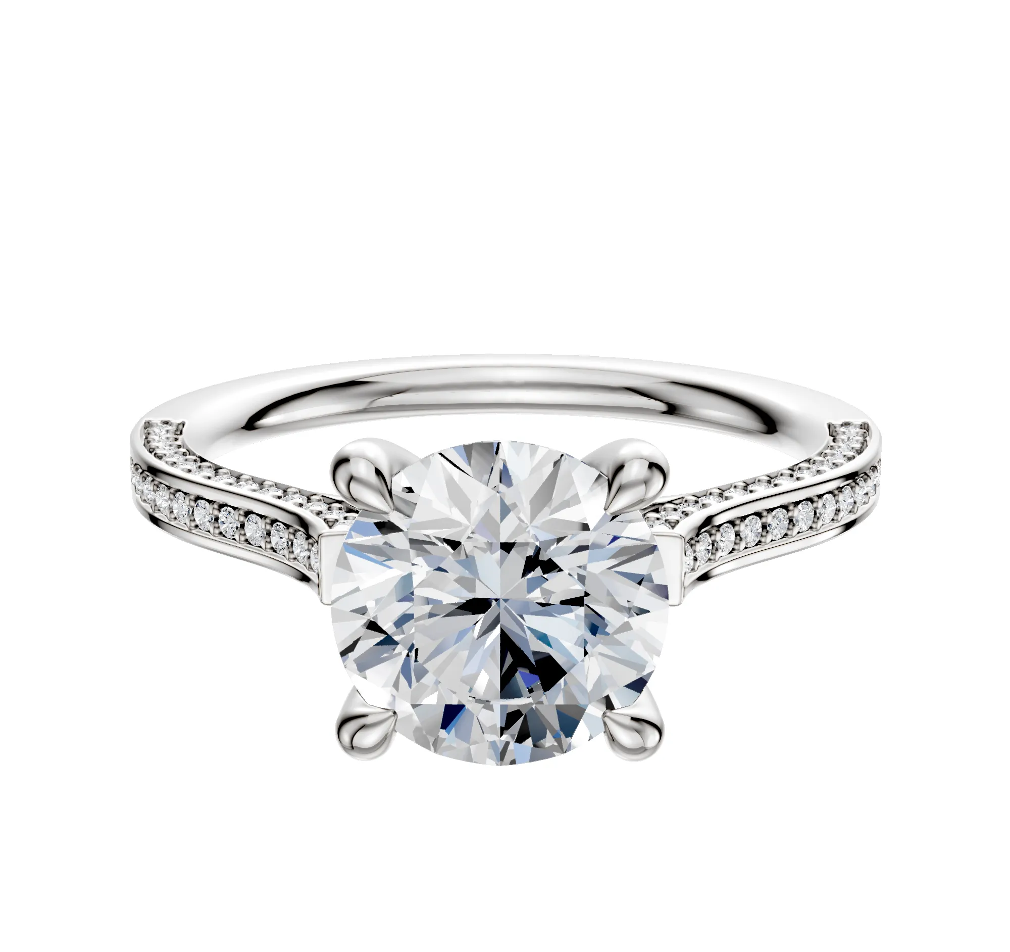 18K White Gold 4 Prong Hidden Halo Cathedral Flat 3-Row-Pave 2.0mm Engagement Ring sold by Promise By Effy