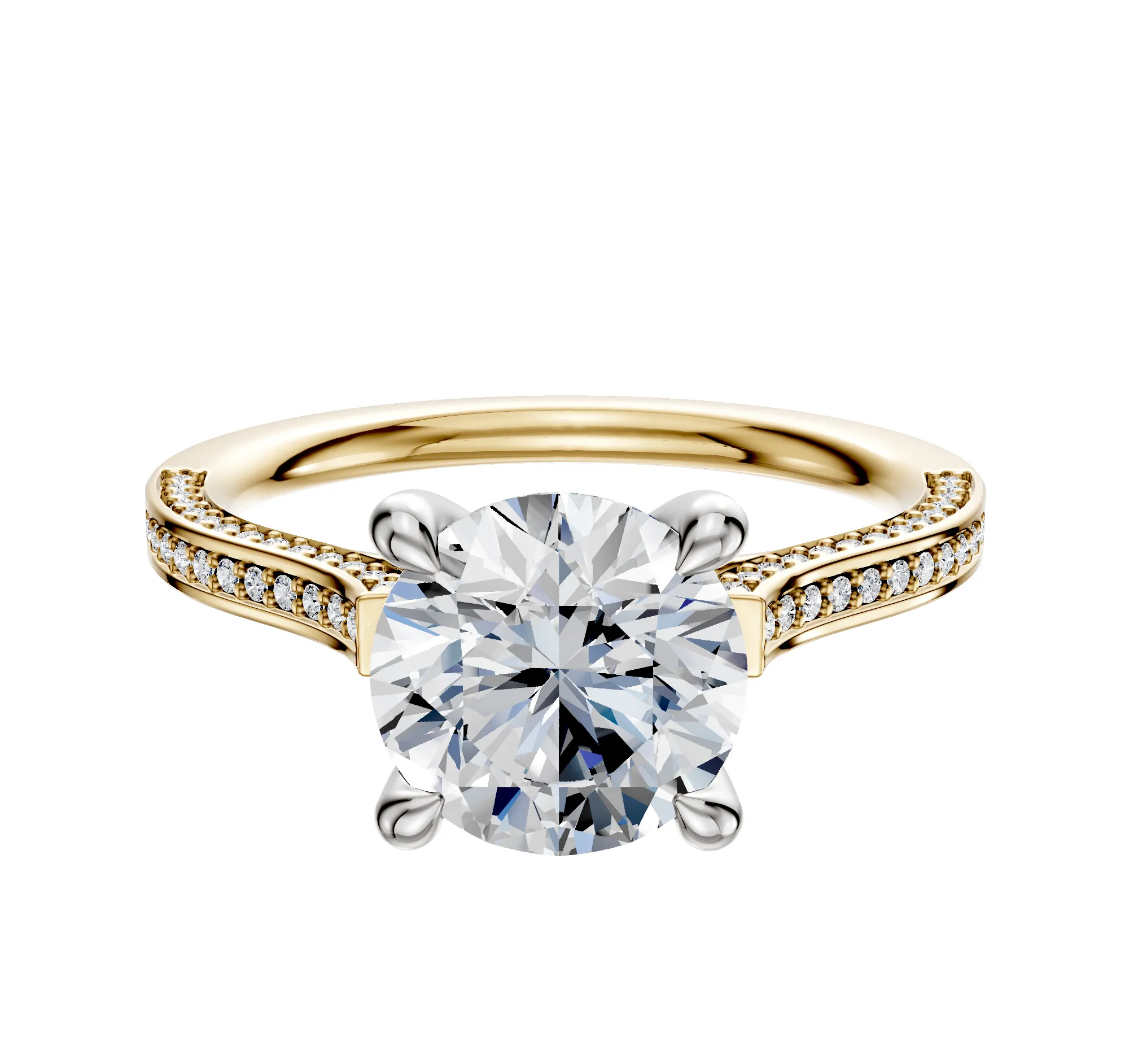 14K Two Tone 4 Prong Hidden Halo Cathedral Flat 3-Row-Pave 2.0mm Engagement Ring sold by Promise By Effy