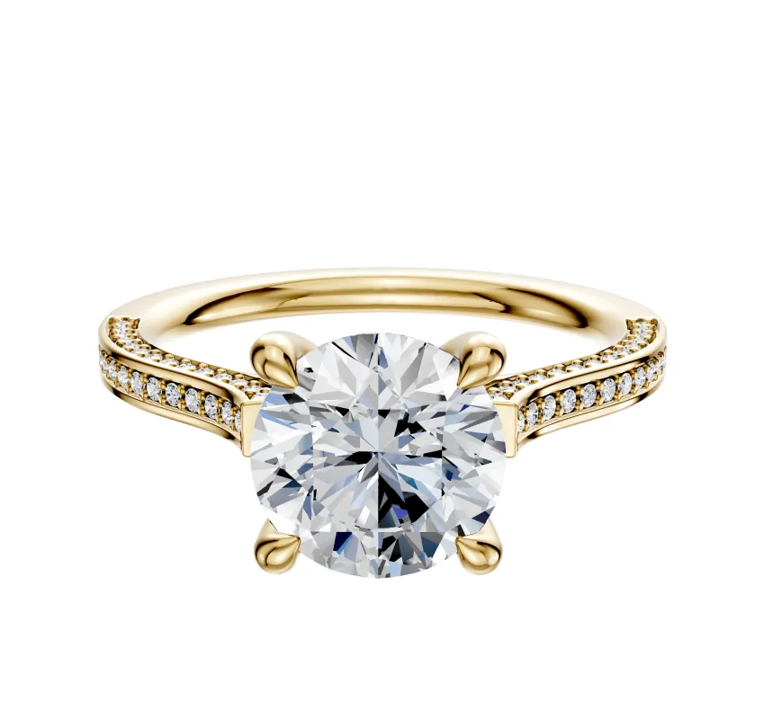 18K Yellow Gold 4 Prong Hidden Halo Cathedral Flat 3-Row-Pave 2.0mm Engagement Ring sold by Promise By Effy