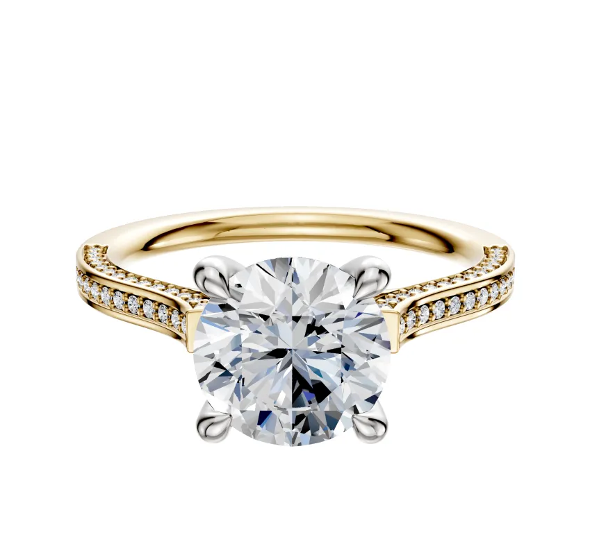 18K Two Tone 4 Prong Hidden Halo Cathedral Flat 3-Row-Pave 2.0mm Engagement Ring sold by Promise By Effy