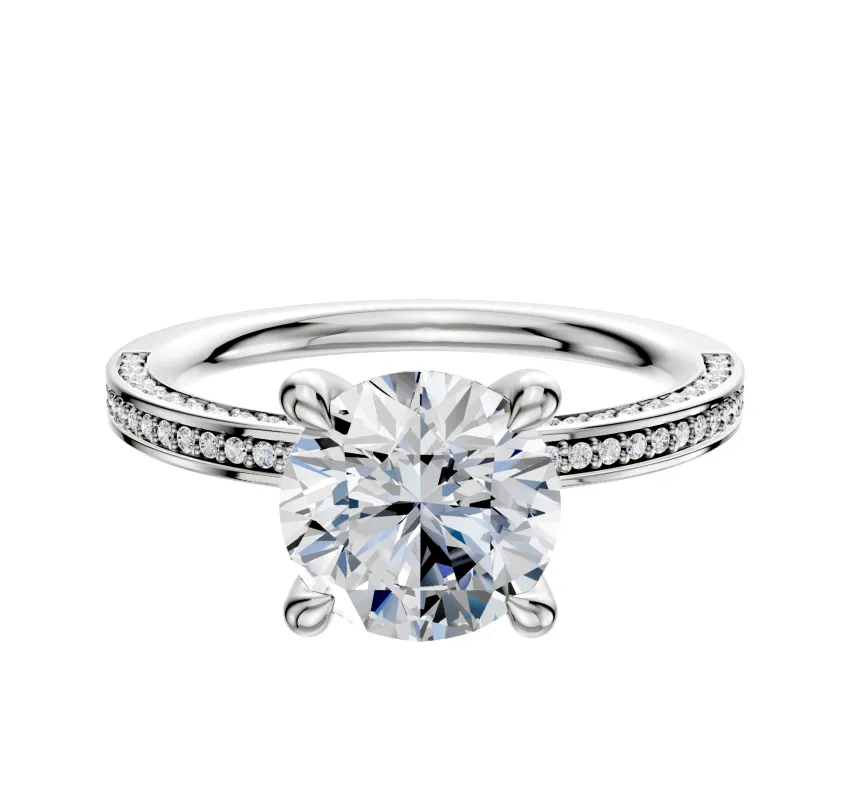 18K White Gold 4 Prong Hidden Halo Classic Flat 3-Row-Pave 2.0mm Engagement Ring sold by Promise By Effy