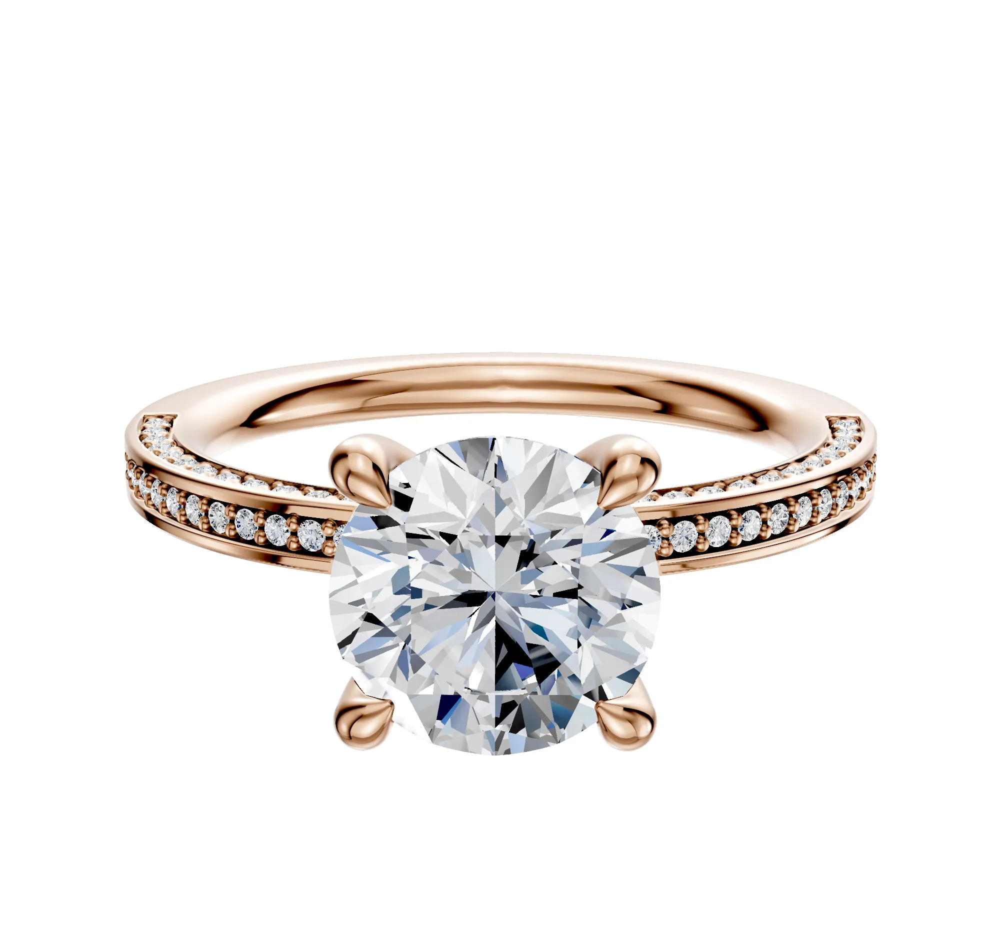 18K Rose Gold 4 Prong Hidden Halo Classic Flat 3-Row-Pave 2.0mm Engagement Ring sold by Promise By Effy