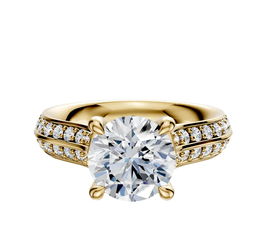 18K Yellow Gold 4 Prong Hidden Halo Cathedral Knife Edge 1-Row-Pave 2.5mm Engagement Ring sold by Promise By Effy