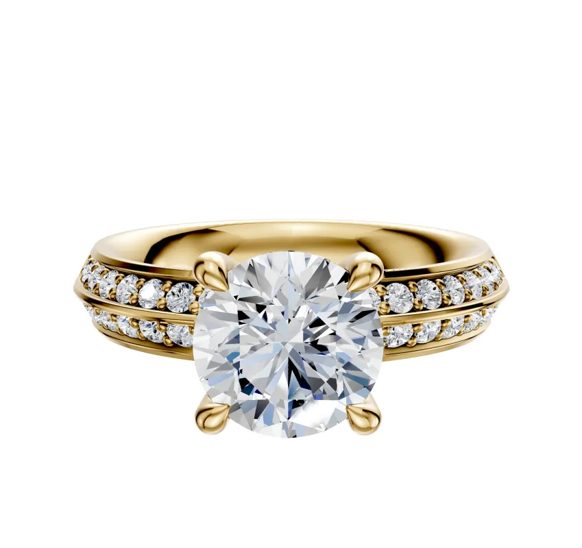 14K Yellow Gold 4 Prong Hidden Halo Classic Knife Edge 1-Row-Pave 2.5mm Engagement Ring sold by Promise By Effy