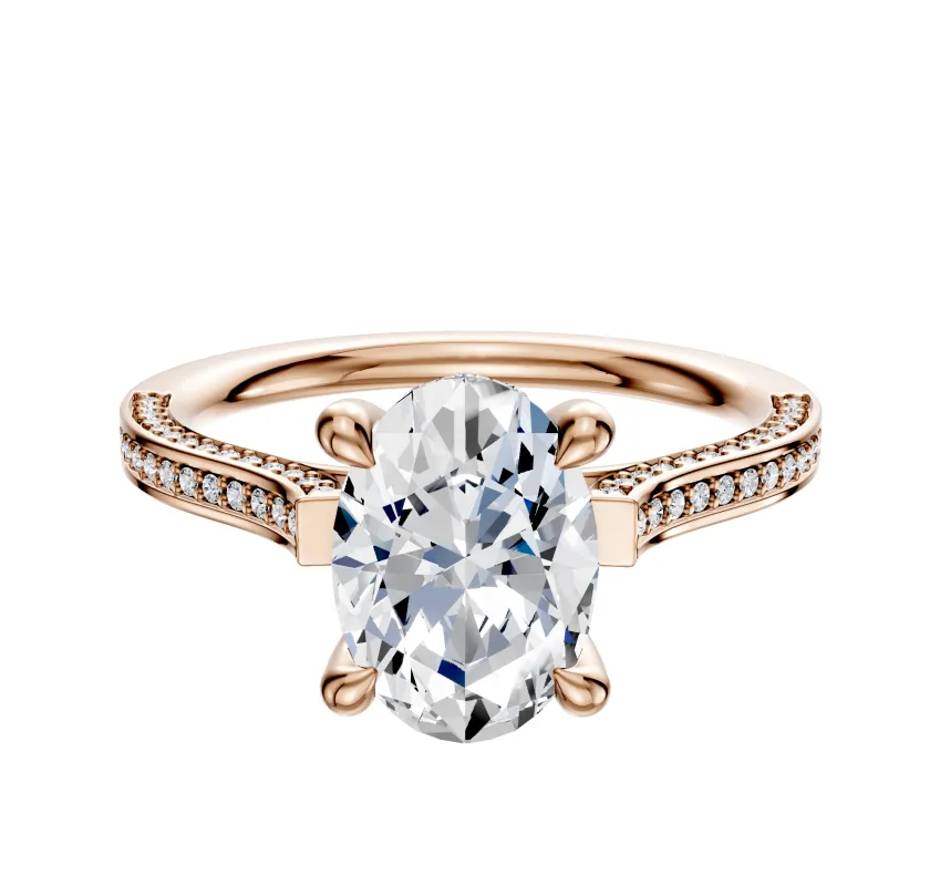 18K Rose Gold 4 Prong Hidden Halo Cathedral Flat 3-Row-Pave 2.0mm Engagement Ring sold by Promise By Effy