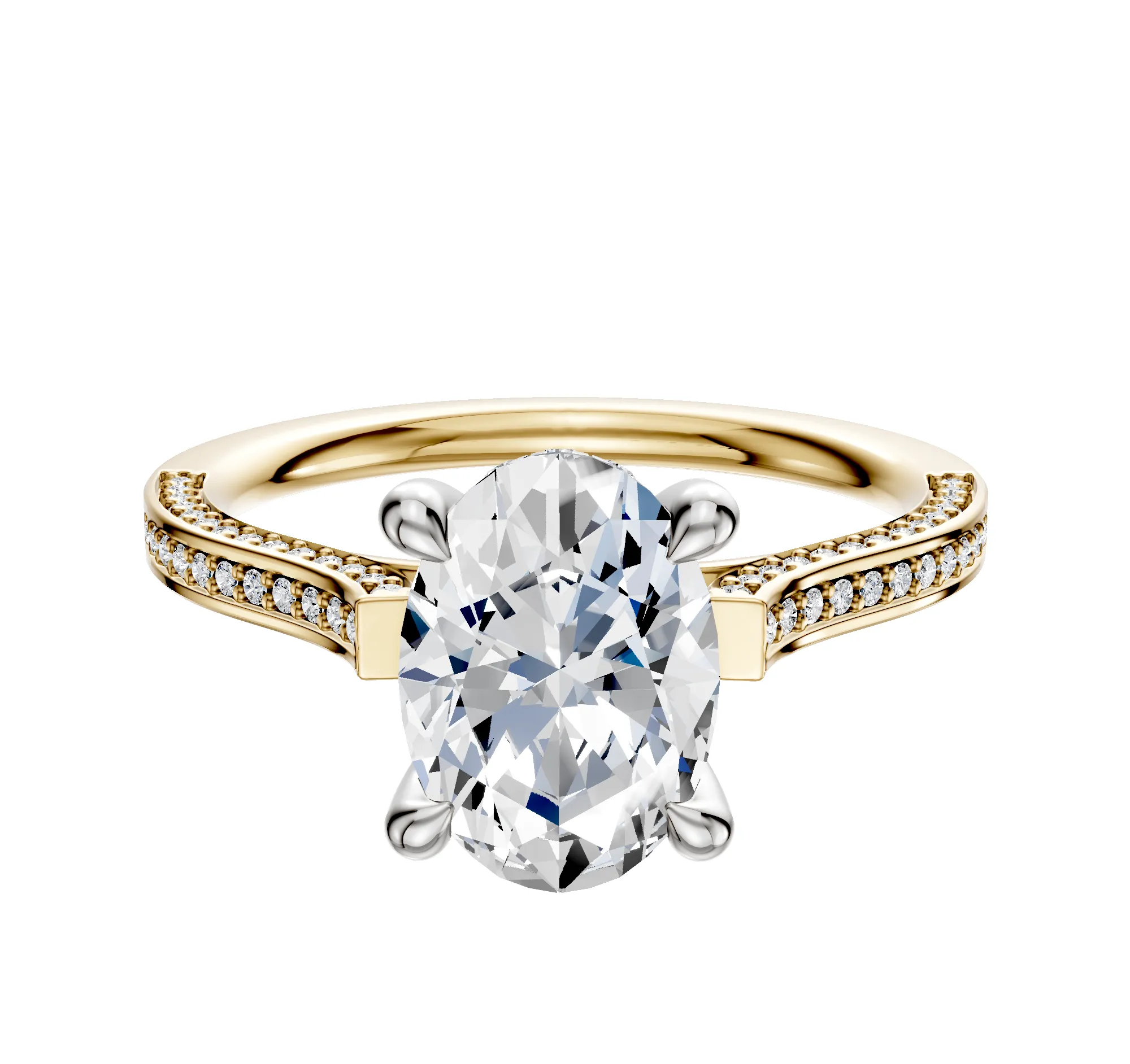 18K Two Tone 4 Prong Hidden Halo Cathedral Flat 3-Row-Pave 2.0mm Engagement Ring sold by Promise By Effy