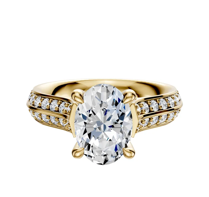 18K Yellow Gold 4 Prong Hidden Halo Cathedral Knife Edge 1-Row-Pave 2.5mm Engagement Ring sold by Promise By Effy