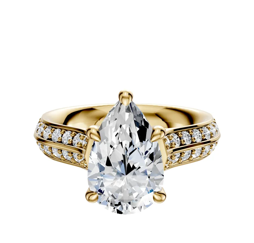 18K Yellow Gold 4 Prong Hidden Halo Cathedral Knife Edge 1-Row-Pave 2.5mm Engagement Ring sold by Promise By Effy