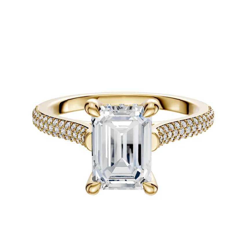 14K Yellow Gold 4 Prong Hidden Halo Cathedral Dome 3-Row-Pave 2.0mm Engagement Ring sold by Promise By Effy