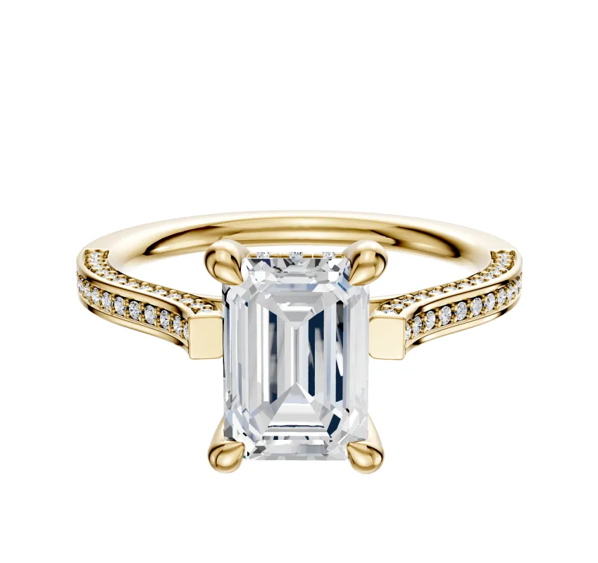 14K Yellow Gold 4 Prong Hidden Halo Cathedral Flat 3-Row-Pave 2.0mm Engagement Ring sold by Promise By Effy