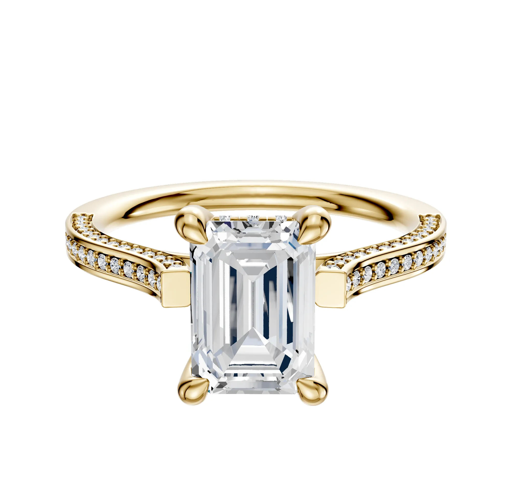 14K Yellow Gold 4 Prong Hidden Halo Cathedral Flat 3-Row-Pave 2.0mm Engagement Ring sold by Promise By Effy