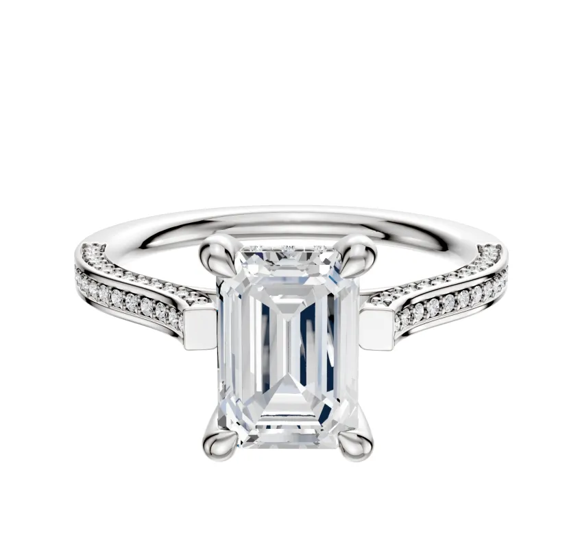 18K White Gold 4 Prong Hidden Halo Cathedral Flat 3-Row-Pave 2.0mm Engagement Ring sold by Promise By Effy