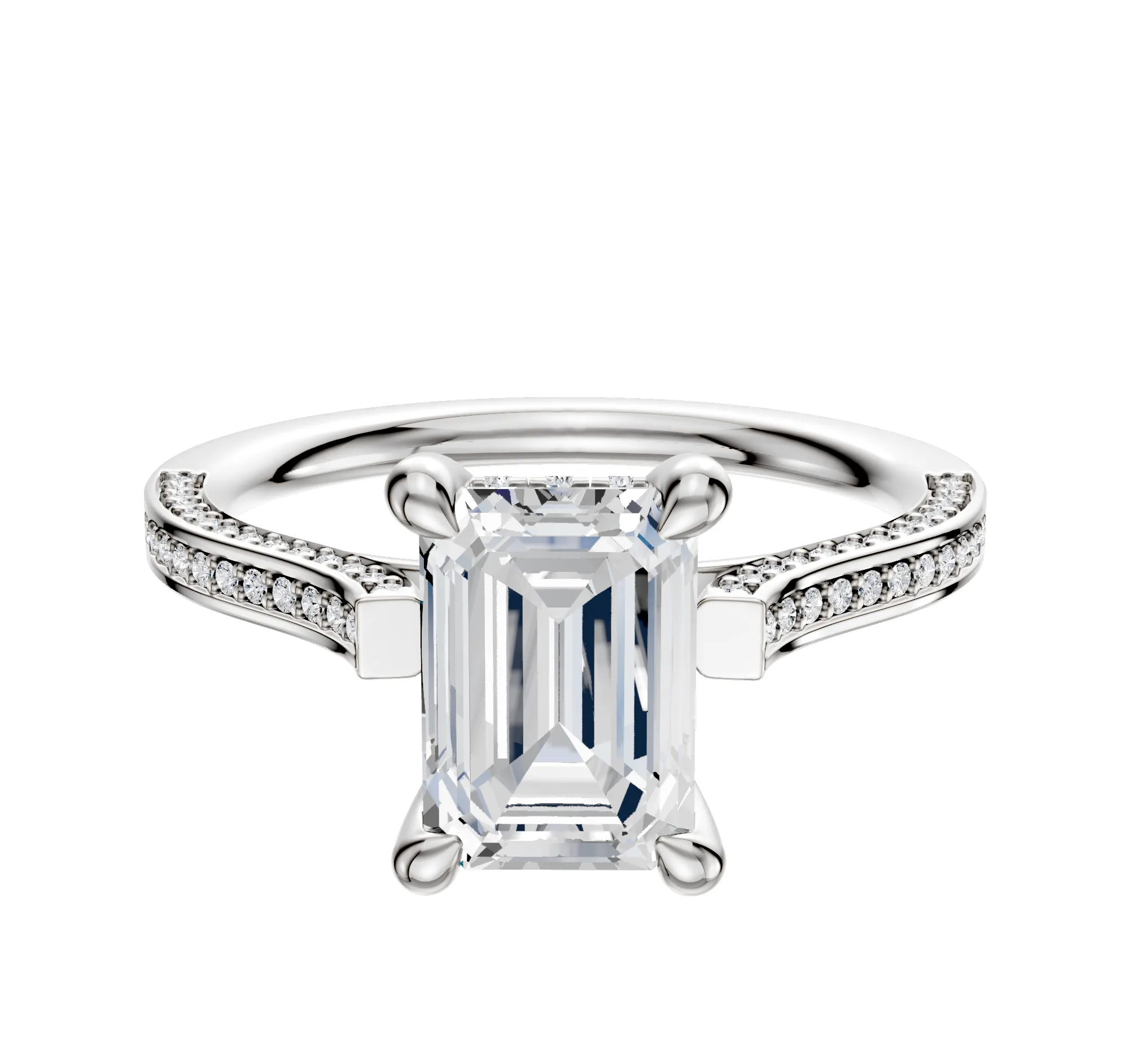 18K White Gold 4 Prong Hidden Halo Cathedral Flat 3-Row-Pave 2.0mm Engagement Ring sold by Promise By Effy