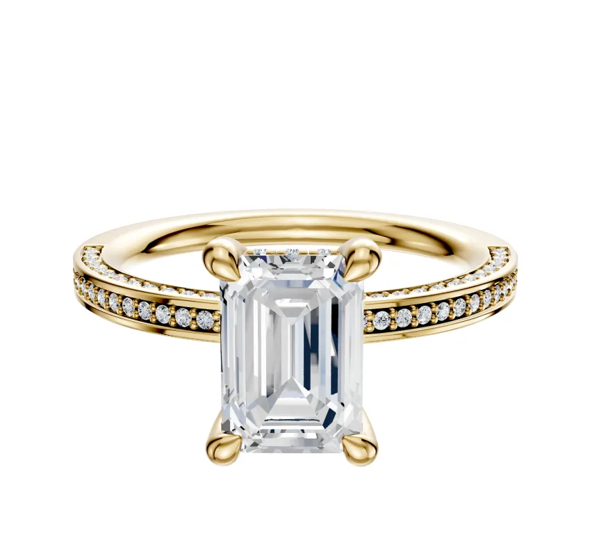 18K Yellow Gold 4 Prong Hidden Halo Classic Flat 3-Row-Pave 2.0mm Engagement Ring sold by Promise By Effy