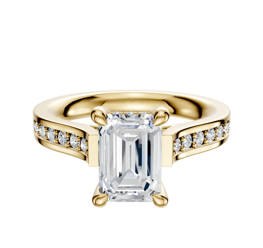 18K Yellow Gold 4 Prong Hidden Halo Cathedral Flat 1-Row-Pave 2.5mm Engagement Ring sold by Promise By Effy