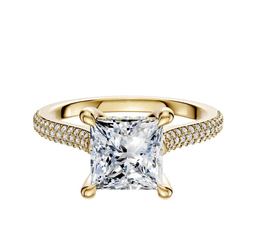 14K Yellow Gold 4 Prong Hidden Halo Cathedral Dome 3-Row-Pave 2.0mm Engagement Ring sold by Promise By Effy