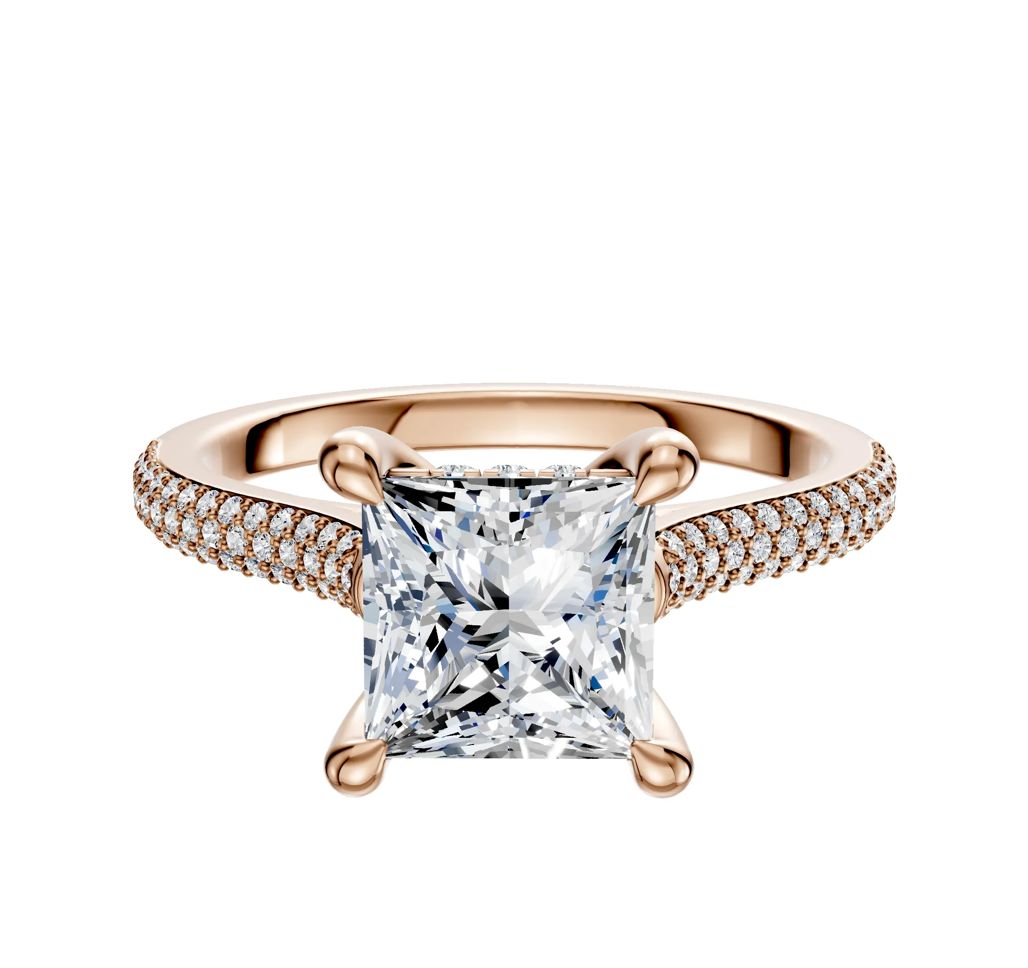 18K Rose Gold 4 Prong Hidden Halo Cathedral Dome 3-Row-Pave 2.0mm Engagement Ring sold by Promise By Effy