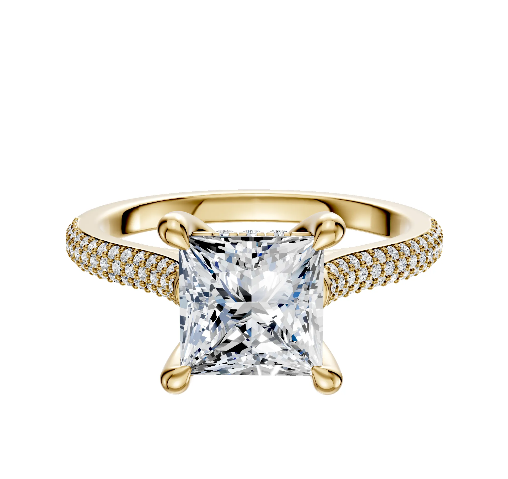 18K Yellow Gold 4 Prong Hidden Halo Cathedral Dome 3-Row-Pave 2.0mm Engagement Ring sold by Promise By Effy