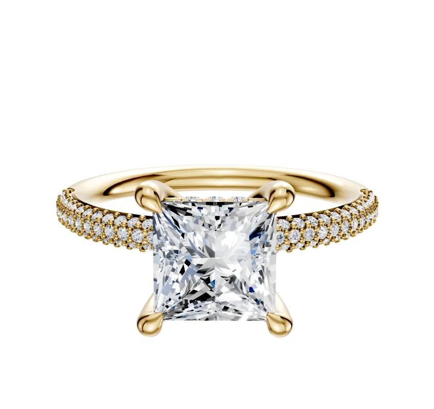 18K Yellow Gold 4 Prong Hidden Halo Classic Dome 3-Row-Pave 2.0mm Engagement Ring sold by Promise By Effy