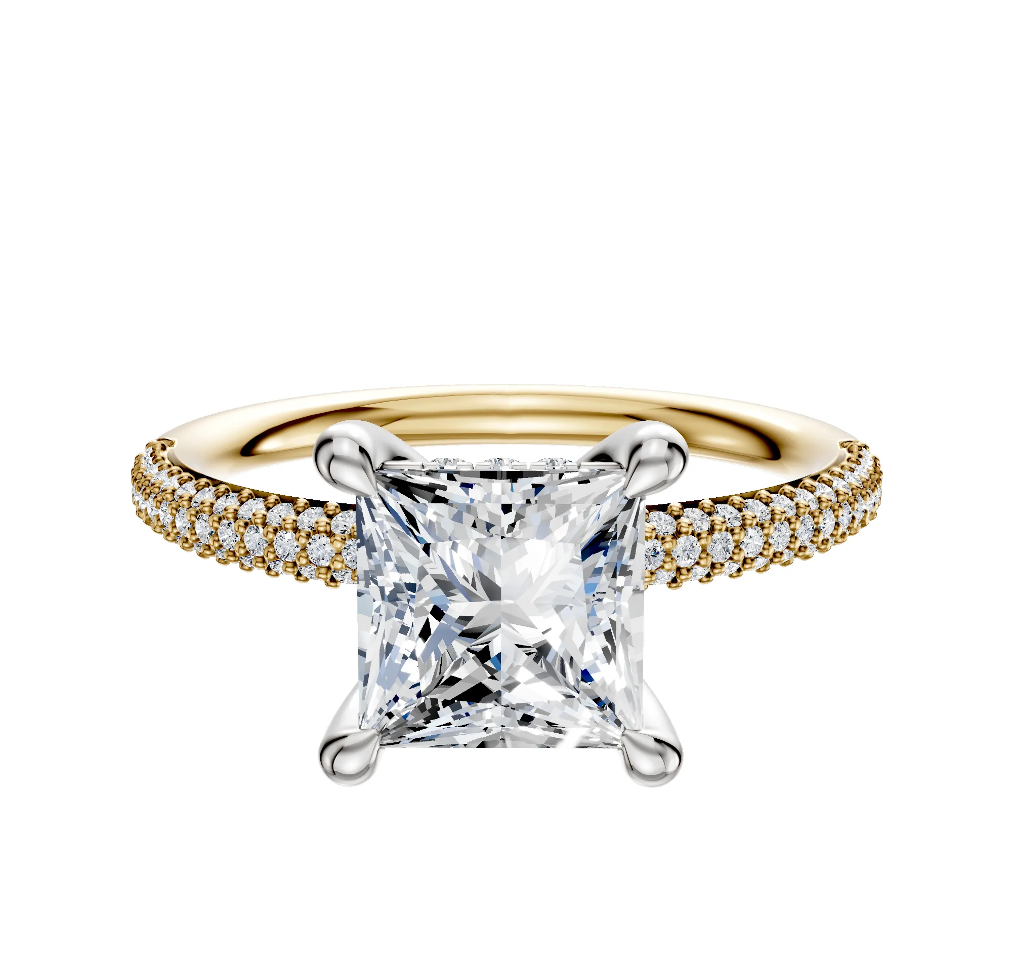 18K Two Tone 4 Prong Hidden Halo Classic Dome 3-Row-Pave 2.0mm Engagement Ring sold by Promise By Effy