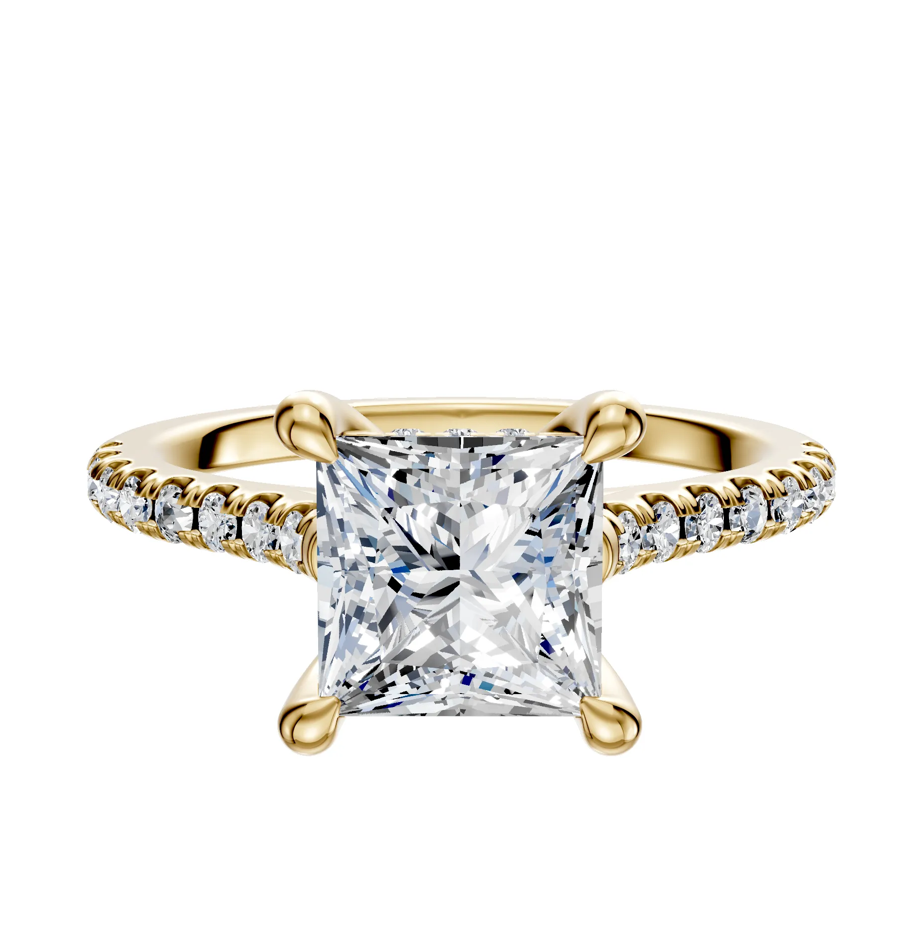 14K Yellow Gold 4 Prong Hidden Halo Cathedral Dome 1-Row-Pave 2.5mm Engagement Ring sold by Promise By Effy