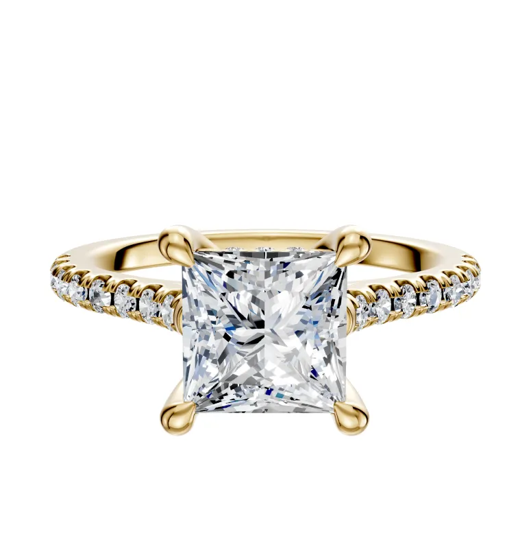 18K Yellow Gold 4 Prong Hidden Halo Cathedral Dome 1-Row-Pave 2.5mm Engagement Ring sold by Promise By Effy