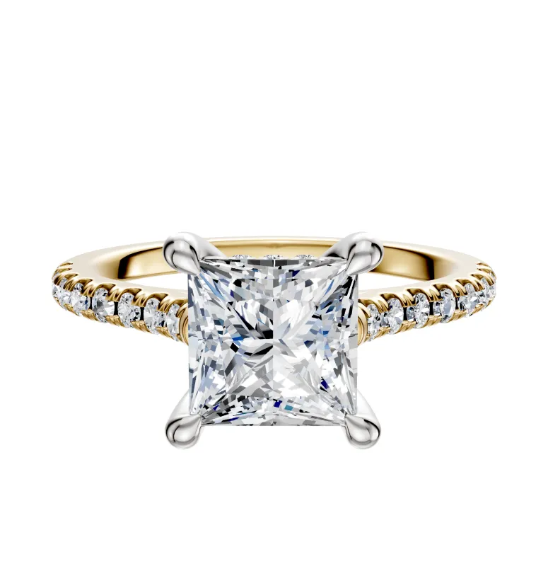 18K Two Tone 4 Prong Hidden Halo Cathedral Dome 1-Row-Pave 2.5mm Engagement Ring sold by Promise By Effy