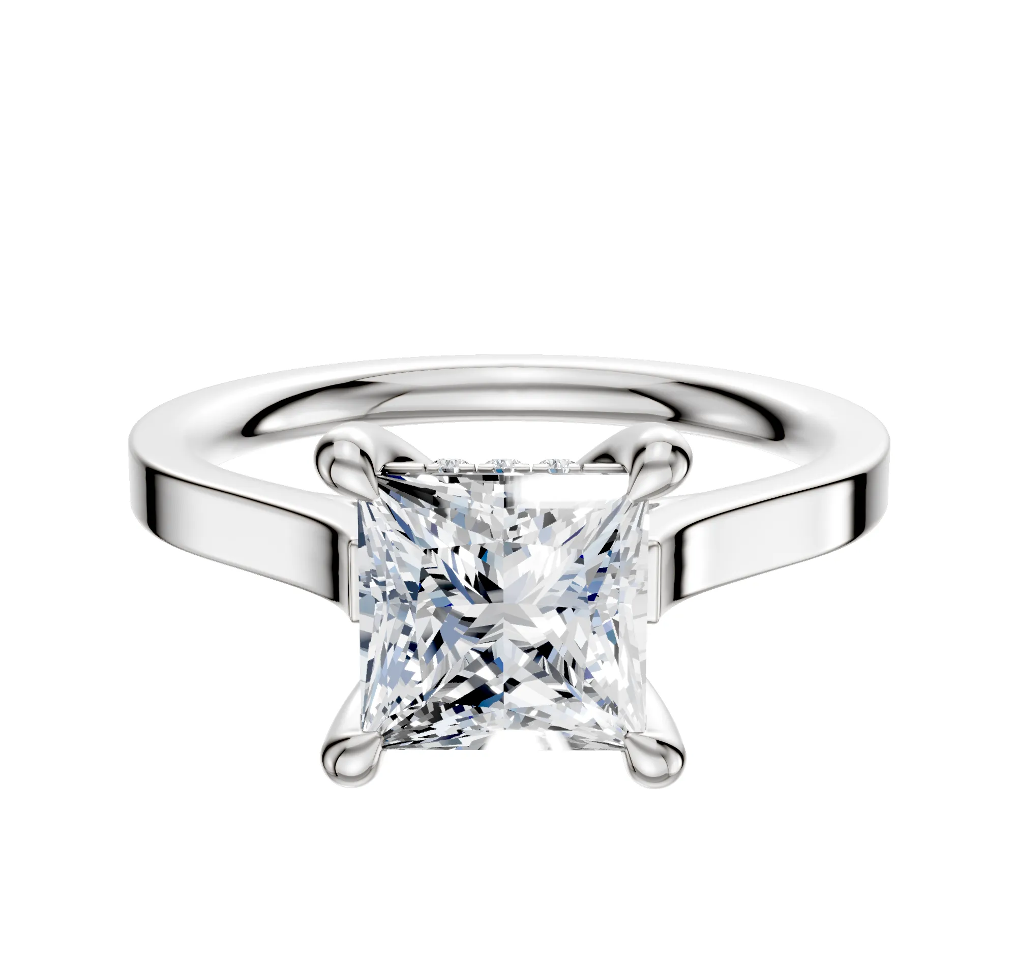 14K White Gold 4 Prong Hidden Halo Cathedral Flat 2.0mm Engagement Ring sold by Promise By Effy