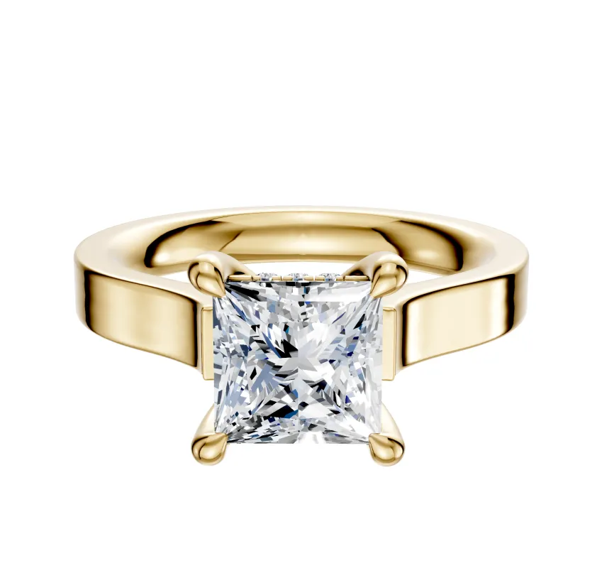 18K Yellow Gold 4 Prong Hidden Halo Cathedral Flat 3.0mm Engagement Ring sold by Promise By Effy