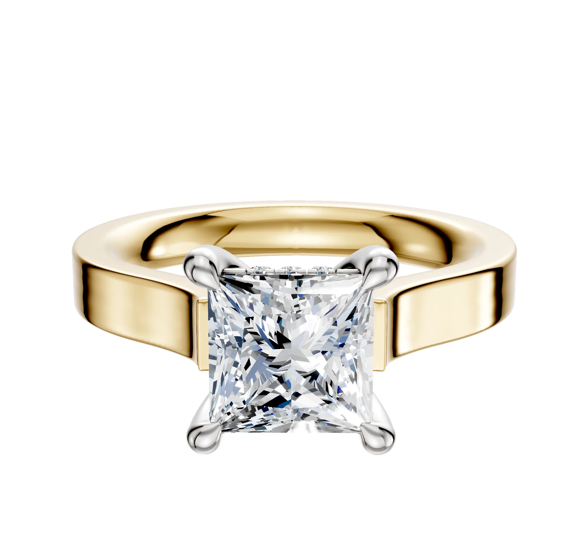 18K Two Tone 4 Prong Hidden Halo Cathedral Flat 3.0mm Engagement Ring sold by Promise By Effy