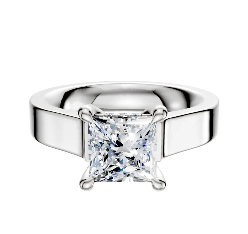18K White Gold 4 Prong Hidden Halo Cathedral Flat 4.0mm Engagement Ring sold by Promise By Effy