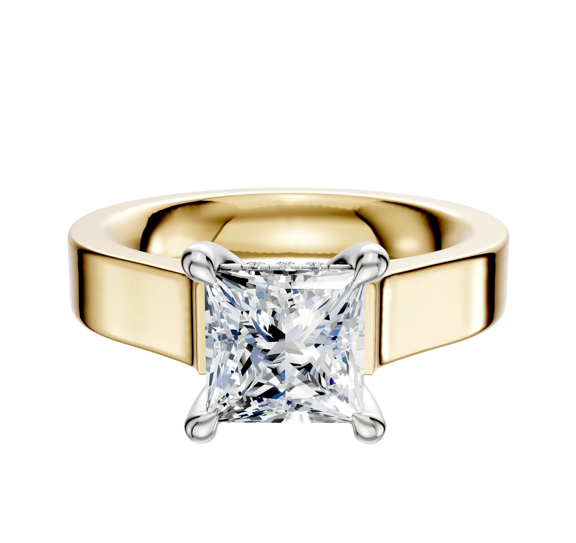 18K Two Tone 4 Prong Hidden Halo Cathedral Flat 4.0mm Engagement Ring sold by Promise By Effy