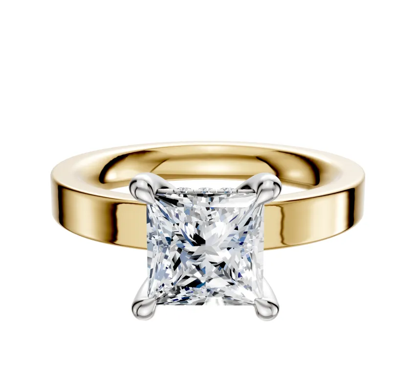 18K Two Tone 4 Prong Hidden Halo Classic Flat 3.0mm Engagement Ring sold by Promise By Effy