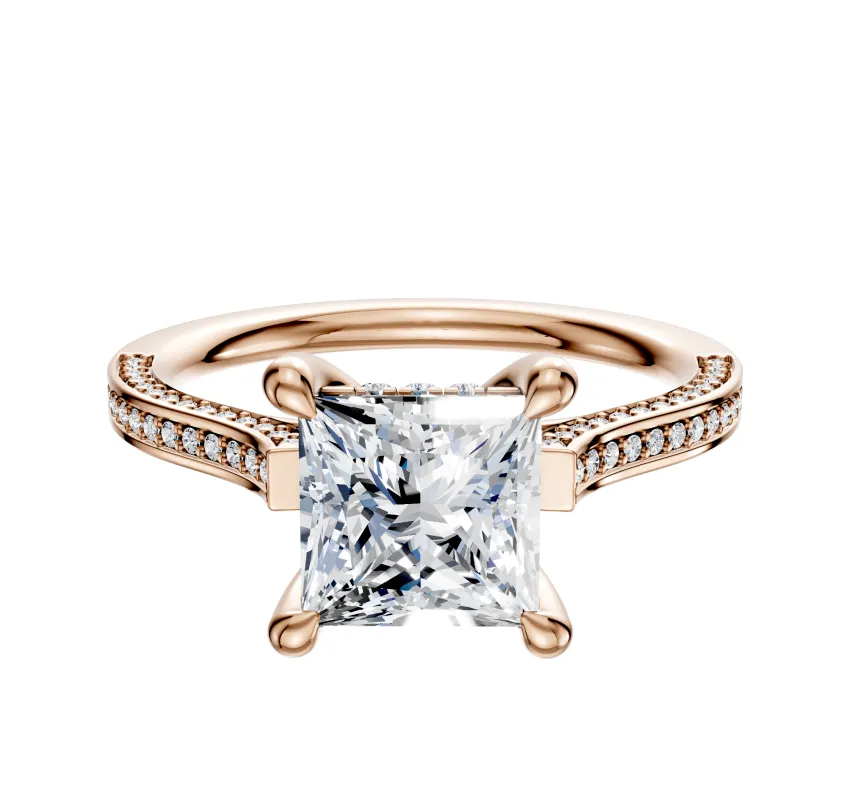 14K Rose Gold 4 Prong Hidden Halo Cathedral Flat 3-Row-Pave 2.0mm Engagement Ring sold by Promise By Effy