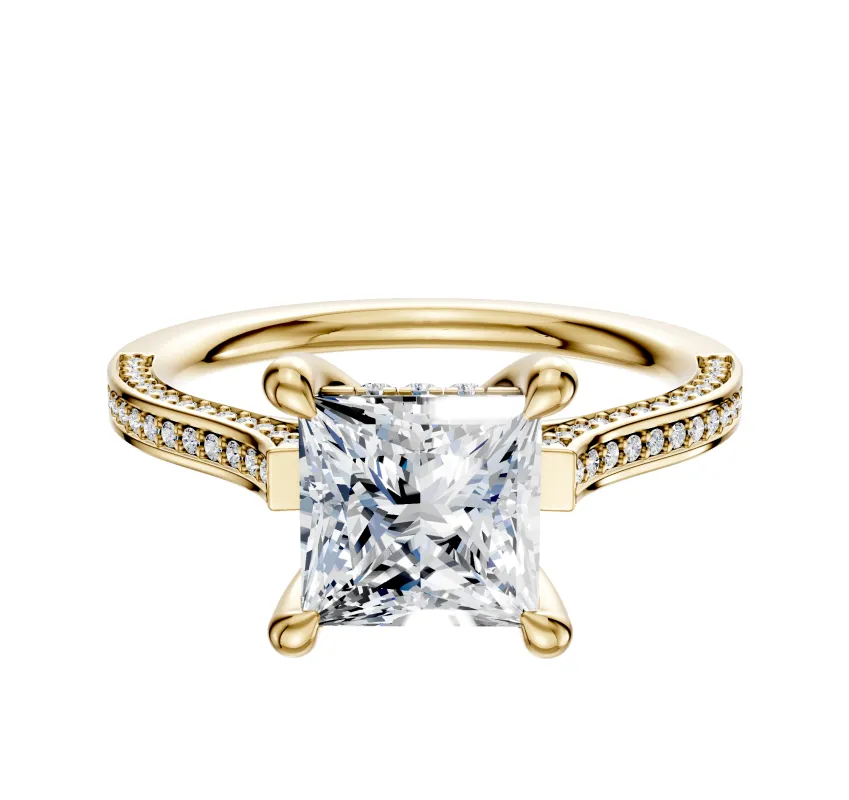 18K Yellow Gold 4 Prong Hidden Halo Cathedral Flat 3-Row-Pave 2.0mm Engagement Ring sold by Promise By Effy