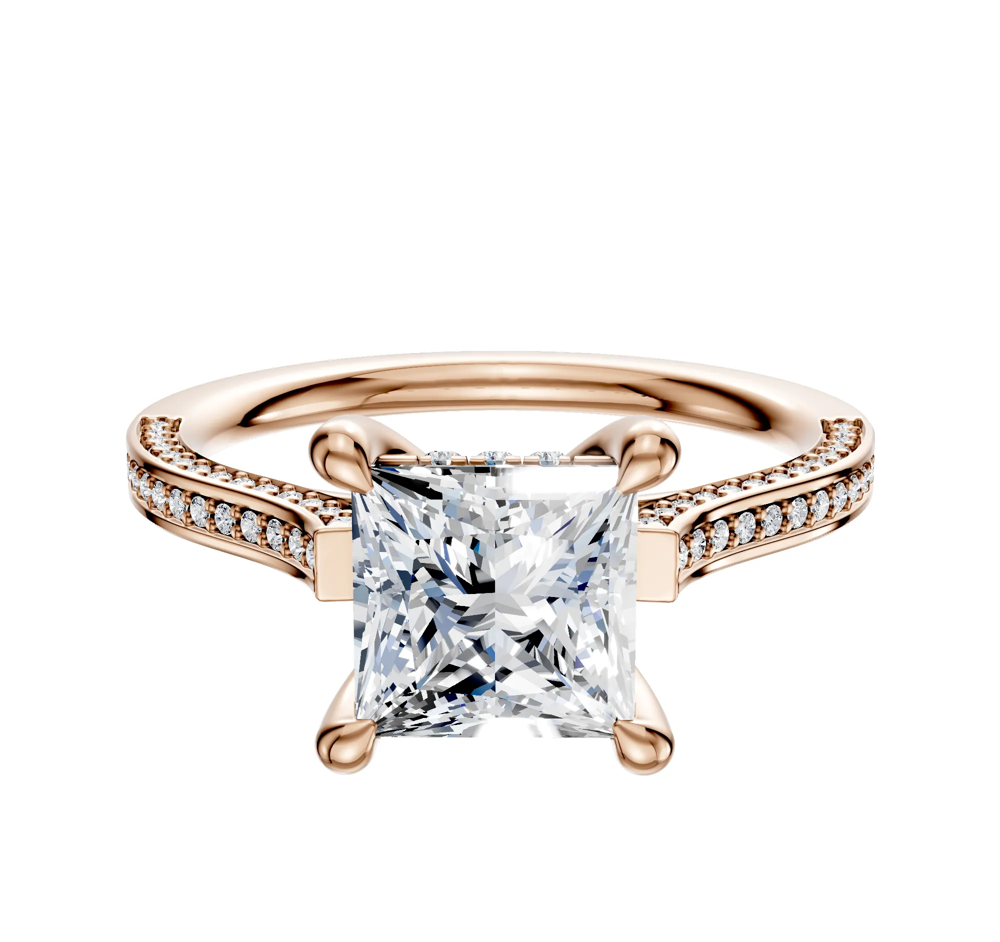 18K Rose Gold 4 Prong Hidden Halo Cathedral Flat 3-Row-Pave 2.0mm Engagement Ring sold by Promise By Effy