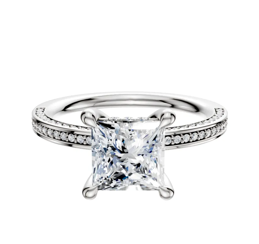 14K White Gold 4 Prong Hidden Halo Classic Flat 3-Row-Pave 2.0mm Engagement Ring sold by Promise By Effy