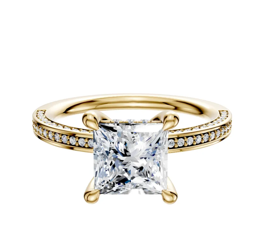 18K Yellow Gold 4 Prong Hidden Halo Classic Flat 3-Row-Pave 2.0mm Engagement Ring sold by Promise By Effy