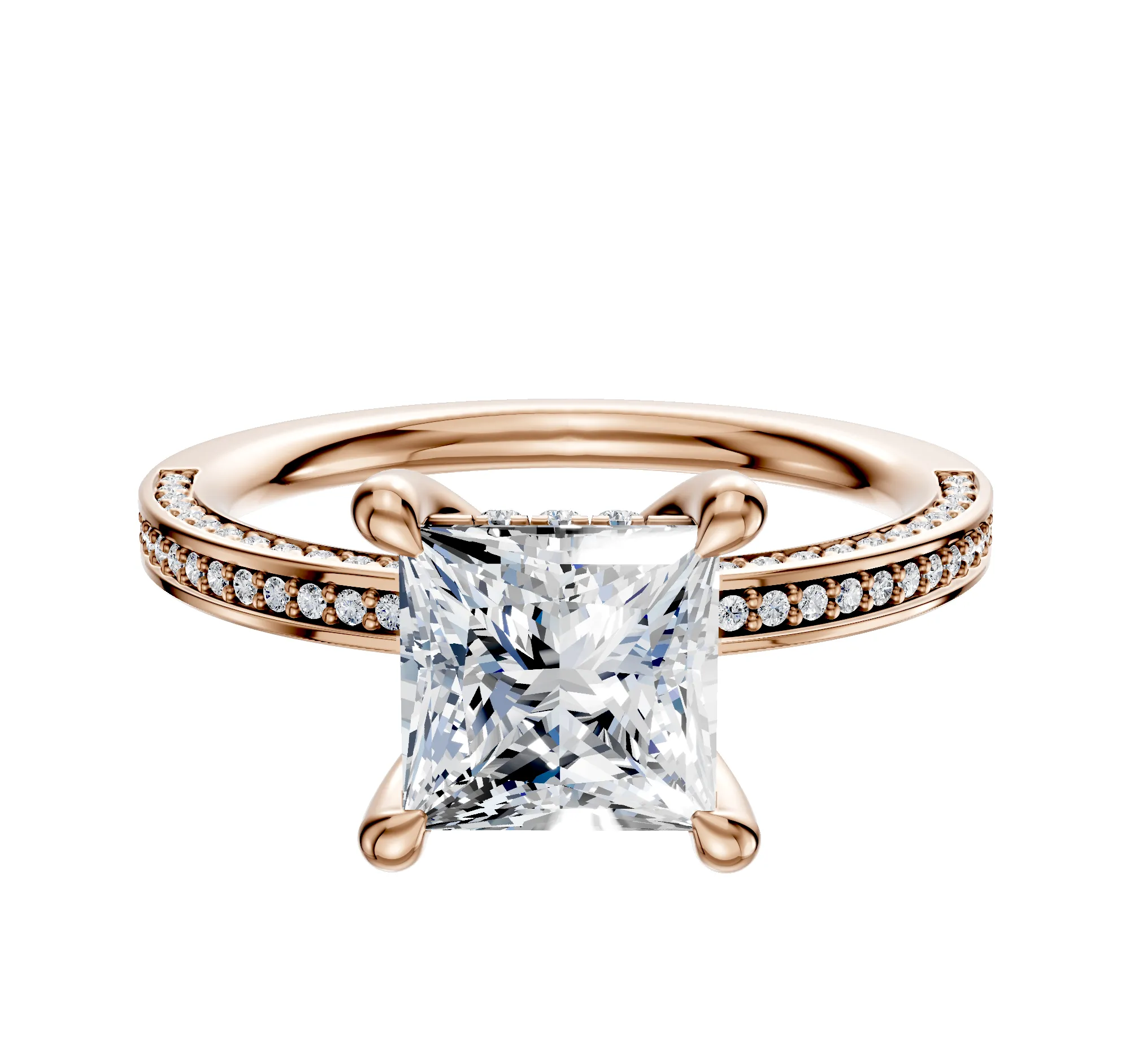 18K Rose Gold 4 Prong Hidden Halo Classic Flat 3-Row-Pave 2.0mm Engagement Ring sold by Promise By Effy