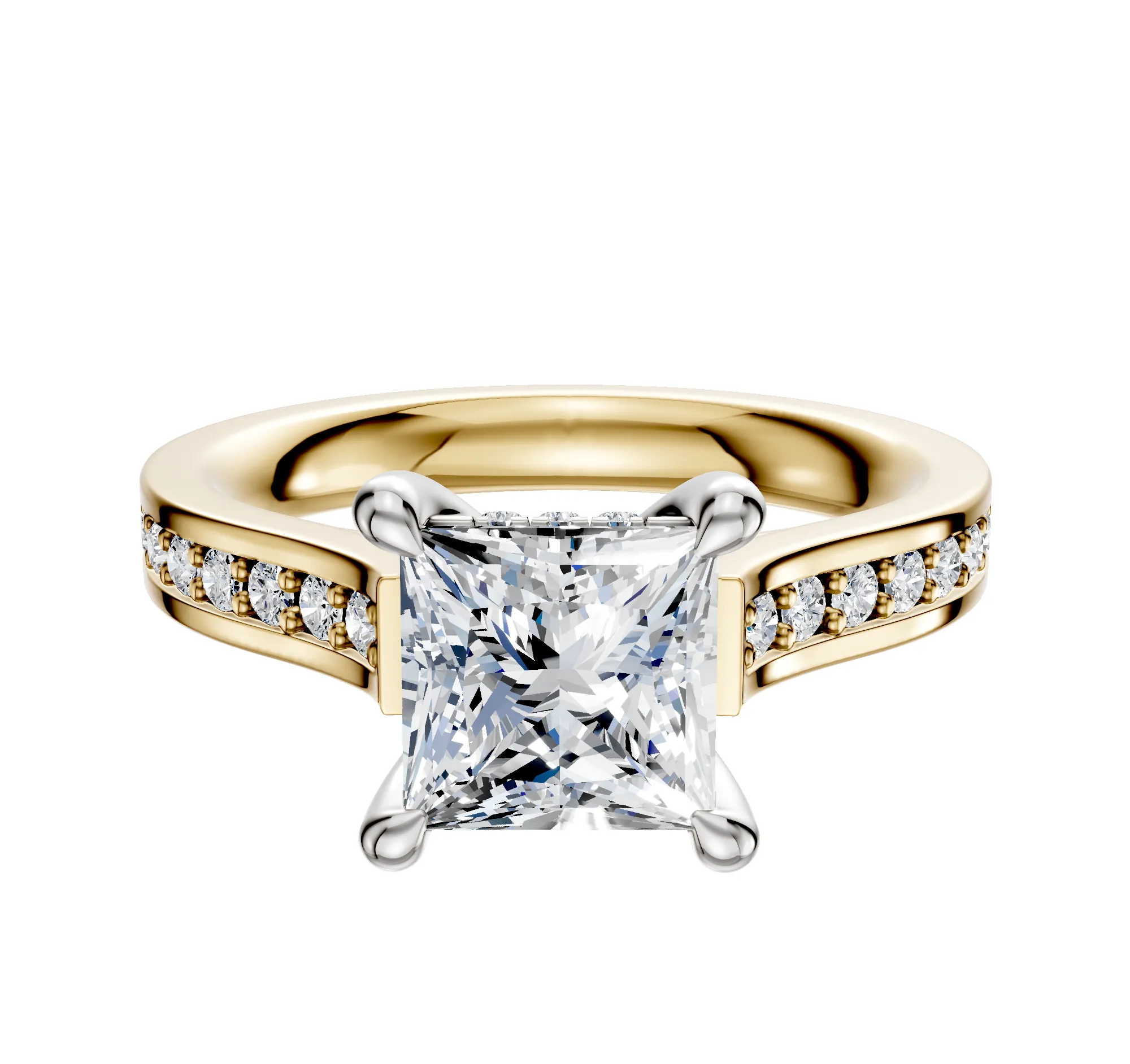 14K Two Tone 4 Prong Hidden Halo Cathedral Flat 1-Row-Pave 2.5mm Engagement Ring sold by Promise By Effy