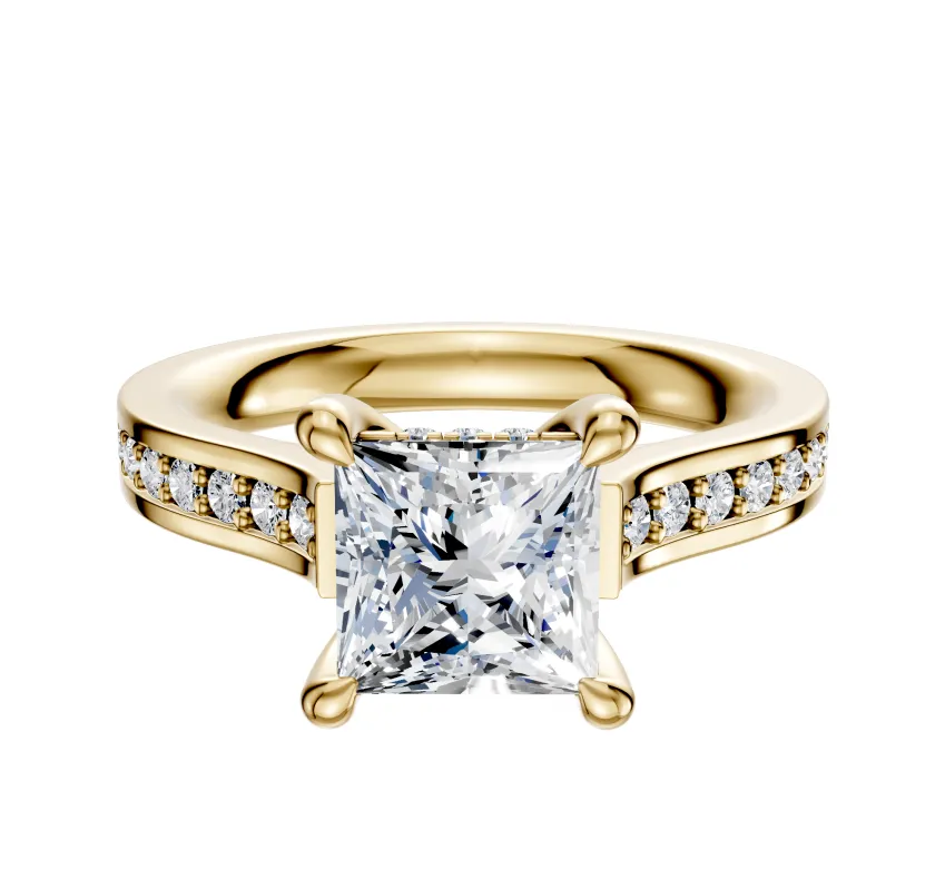 18K Yellow Gold 4 Prong Hidden Halo Cathedral Flat 1-Row-Pave 2.5mm Engagement Ring sold by Promise By Effy